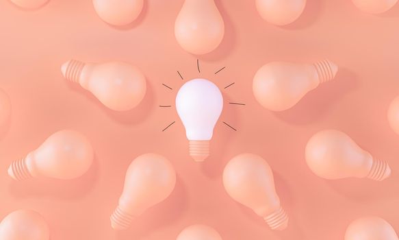 Light Bulb white between the others with handmade gloss lines on pastel orange background. Leadership, innovation and individuality concepts. 3d rendering.