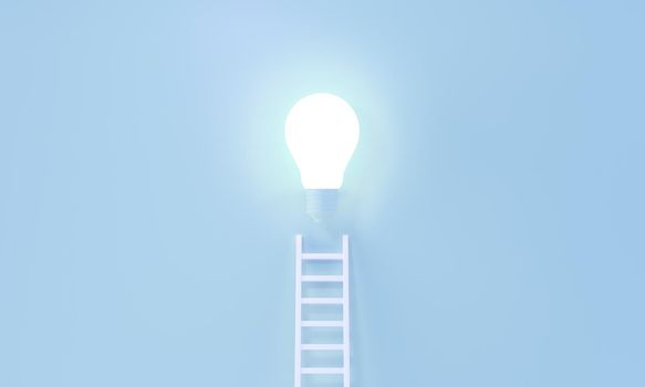 Ladder reaches up to a Glowing Light Bulb representing an Idea, creativity, invention, inspiration concept. Minimalist blue pastel background. 3d rendering.