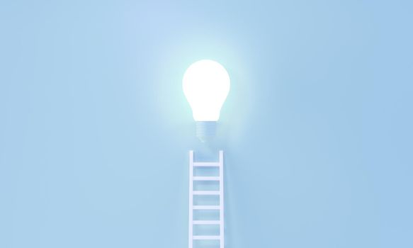 Ladder reaches up to a Glowing Light Bulb representing an Idea, creativity, invention, inspiration concept. Minimalist blue pastel background. 3d rendering.