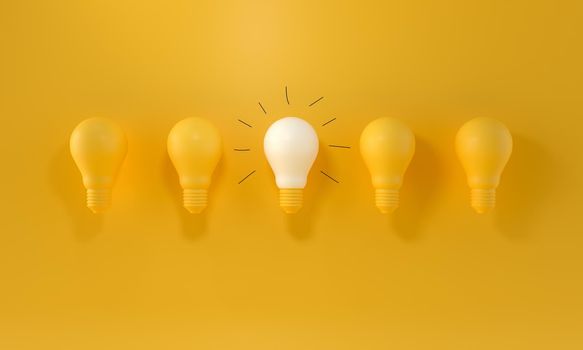 Glowing Light Bulb and handmade gloss lines between the others on yellow background. Leadership, innovation, great idea and individuality concepts. 3d rendering.