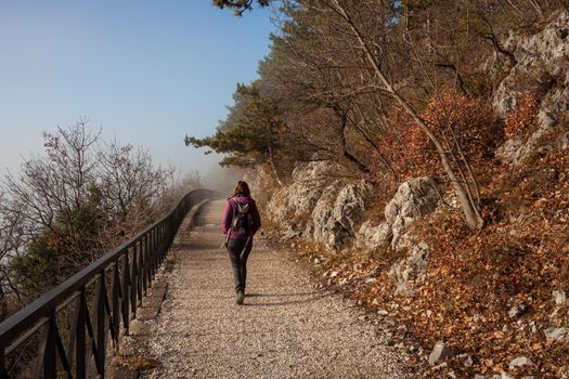 Back view of a Woman walking alone on rural misty path called Napoleonica, Trieste