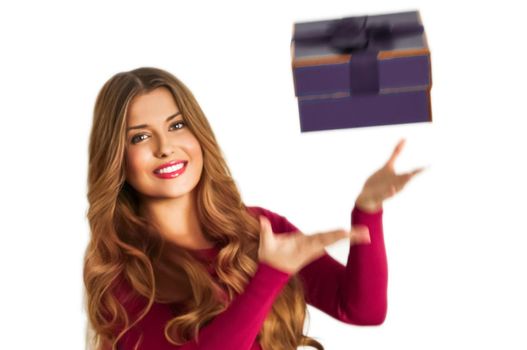 Birthday, Christmas or holiday present, happy woman holding a purple gift or luxury beauty box subscription delivery isolated on white background, portrait