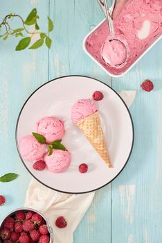 Delicious ice cream cone on a dish