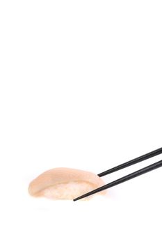 Hamachi sushi , Japanese food yellowtail sushi with chopsticks isolated in white background