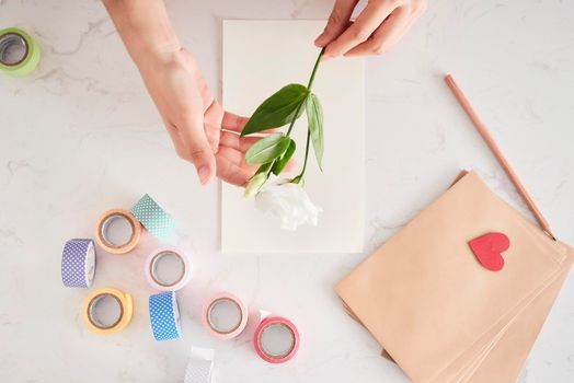 Making decorations or greeting card. Paper strips, flower, scissors. Handmade crafts on holiday: Birthday, Mother's or Father's Day, March 8, Wedding. 