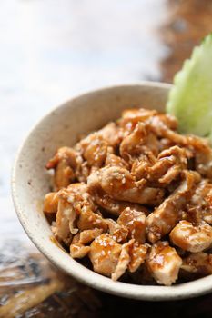 japanese food Chicken teriyoki with rice on wood background