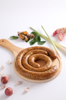 Local Northern Thai food , Northern Thai spicy sausage street food isolated in white background