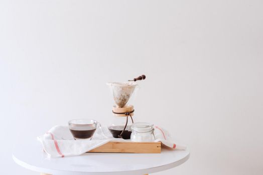 Breakfast with chocolate cake and coffee served on a beautiful living home 