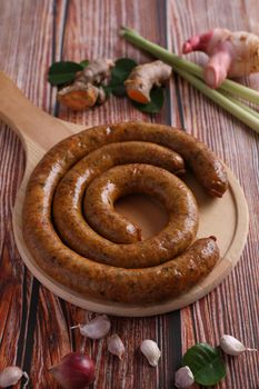 Local Northern Thai food , Northern Thai spicy sausage street food isolated in white background