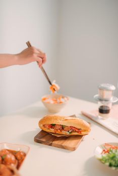 Vietnamese sandwich with meatballs. Traditional breakfast