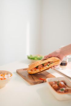 Vietnamese sandwich with meatballs. Traditional breakfast