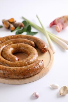 Local Northern Thai food , Northern Thai spicy sausage street food isolated in white background