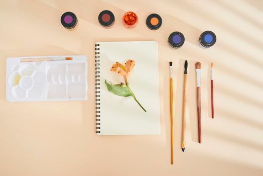 Set of watercolor paint, art brushes and paper on a desk 