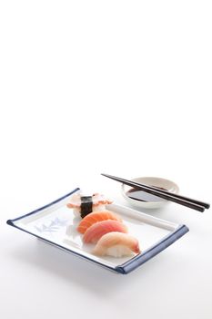 Sushi mix Japanese food sushi salmon tuna octopus eel and sea bass japan local food isolated in white background