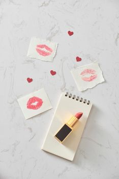 Love valentine together happy affection concept with lipstick and lipstick kiss mark