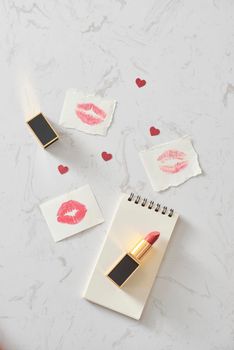 Love valentine together happy affection concept with lipstick and lipstick kiss mark