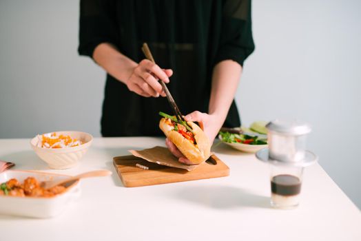 Meatballs sandwich (snack with meat and vegetables). Vietnamese traditional food