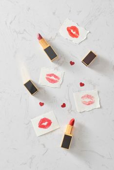 Love valentine together happy affection concept with lipstick and lipstick kiss mark