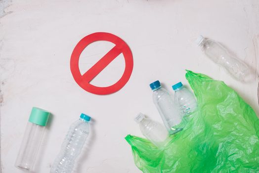 No plastic recycle concept, plastic bottles stack to recycle on white background