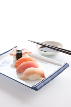 Sushi mix Japanese food sushi salmon tuna octopus eel and sea bass japan local food isolated in white background