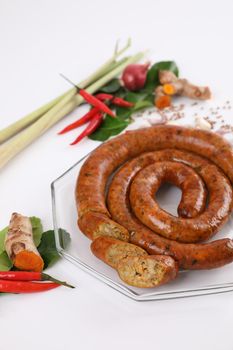 Local Northern Thai food , Northern Thai spicy sausage street food isolated in white background