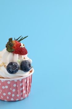 Fruits cupcake isolated in blue background