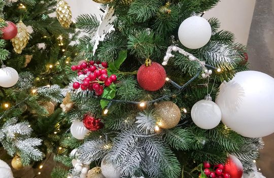 Close-up of fir branches decorated with garlands, balloons and frozen berries, beautiful Christmas background.