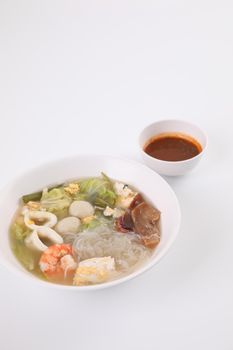 Local food , Thai sukiyaki soup isoated in white background street food