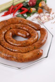 Local Northern Thai food , Northern Thai spicy sausage street food isolated in white background