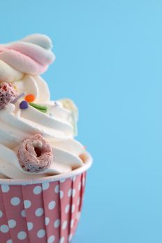 Colorful cupcake isolated in blue background