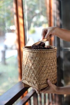 Boiled riceberry rice on Wicker basket with spoon in close up