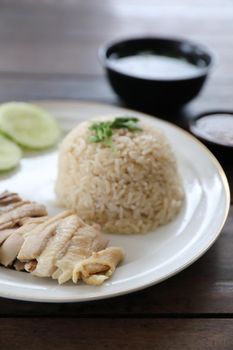 Thai food gourmet steamed chicken with rice khao mun kai 