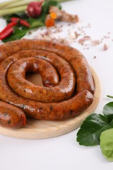 Local Northern Thai food , Northern Thai spicy sausage street food isolated in white background