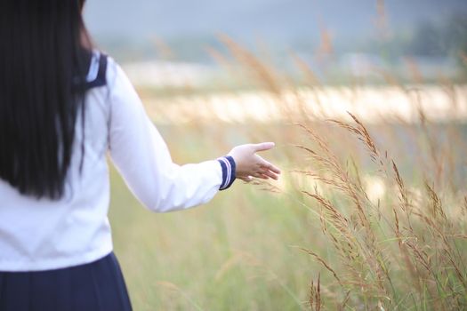 Asian High School Girls student hand touch grass in countryside with sunrise