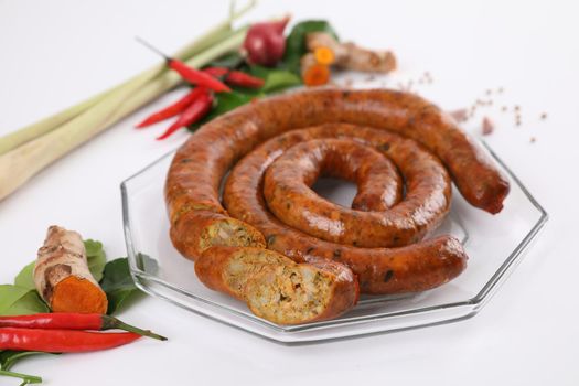 Local Northern Thai food , Northern Thai spicy sausage street food isolated in white background