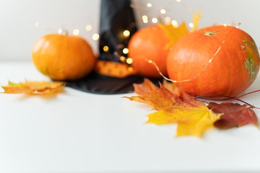 Autumn leaves with pumpkin border at the bottom, black hat, beautiful autumn background. Flashing lights on the background, beautiful bokeh