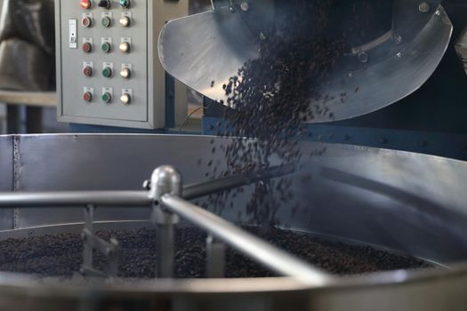 Coffee beans roasting with machine in close up