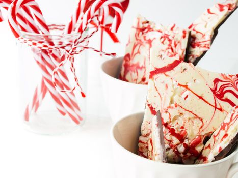 Traditional Christmas Chocolate Peppermint Bark sprinkled with peppermint candies.