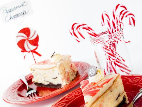 Traditional Christmas White Chocolate Peppermint Cheesecake on white background.