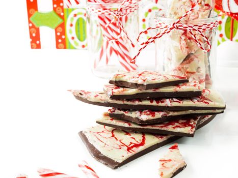 Traditional Christmas Chocolate Peppermint Bark sprinkled with peppermint candies.