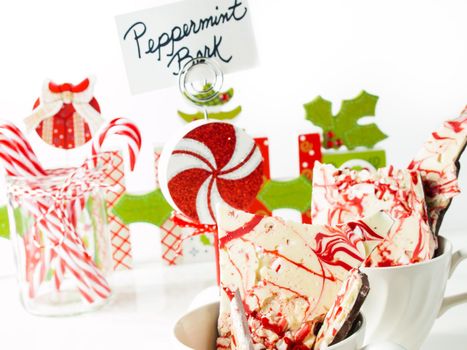 Traditional Christmas Chocolate Peppermint Bark sprinkled with peppermint candies.