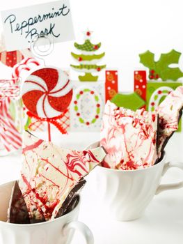Traditional Christmas Chocolate Peppermint Bark sprinkled with peppermint candies.