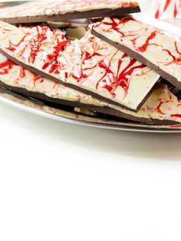 Traditional Christmas Chocolate Peppermint Bark sprinkled with peppermint candies.