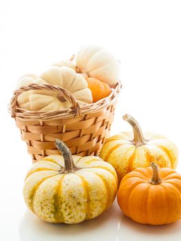 Small orange and white pumpkins in basket on white background.