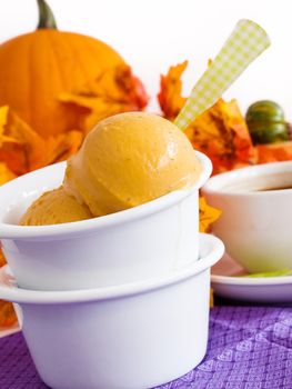 Scoop of gourmet pumpkin gelato in white bowl with cup of coffee.