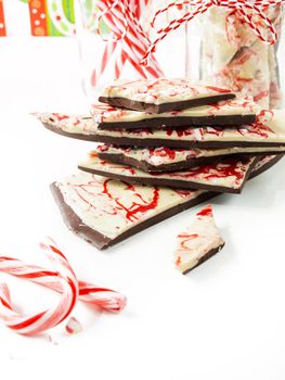 Traditional Christmas Chocolate Peppermint Bark sprinkled with peppermint candies.