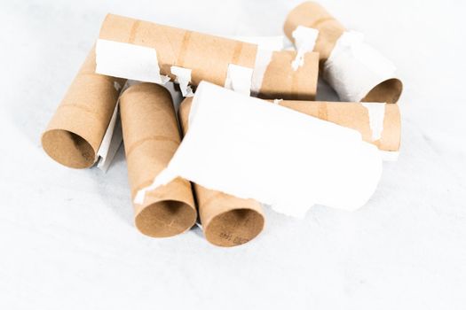 Used empty toilet paper rolls on a gray background.