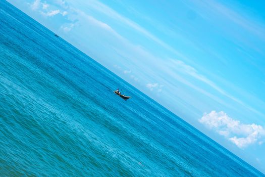 Atmosphere panorama. Clear sky calm sea horizon line cloud. Concept lifestyle move flow up down progress regress, choice direction development life boat. Straight lines diagonal, blue turquoise white.