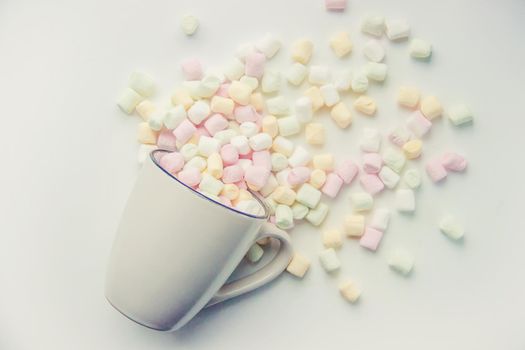 Hot chocolate and marshmallow on christmas background. Selective focus. food