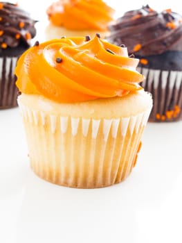 Halloween orange and black cupcakes on white background.